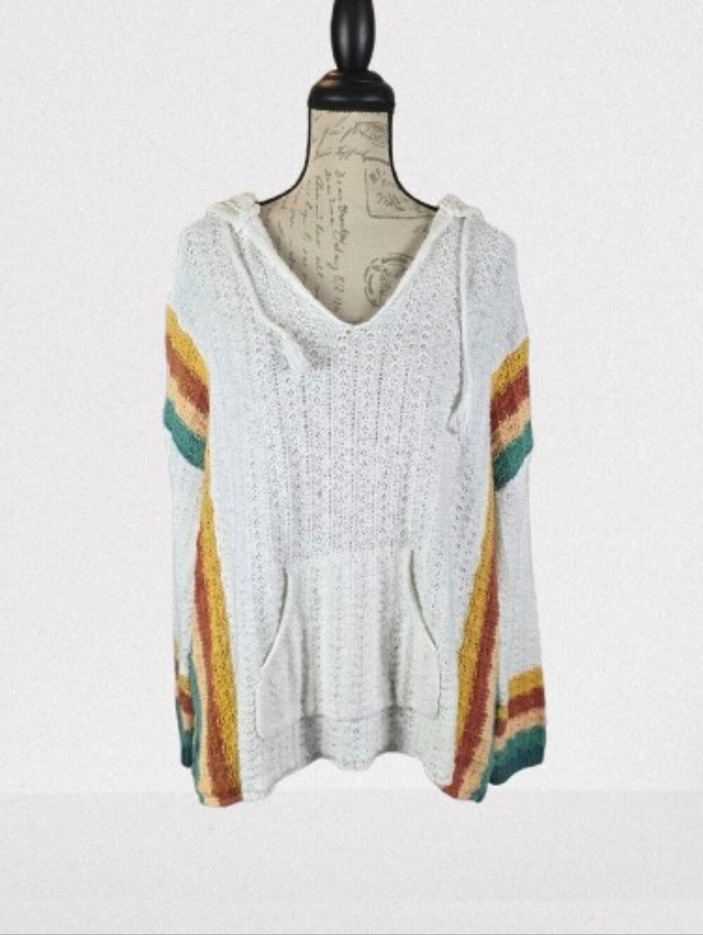 Natural Reflections Striped Crochet Hoodie Front Pocket Sweater Cream Multi WXXL